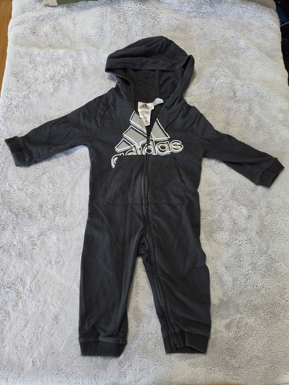 adidas Black Hooded Baby Jumpsuit with White Logo
